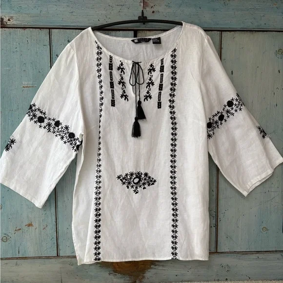 Boho White Linen Peasant Top with Black Intricate Embroidery - Picture 16 of 16